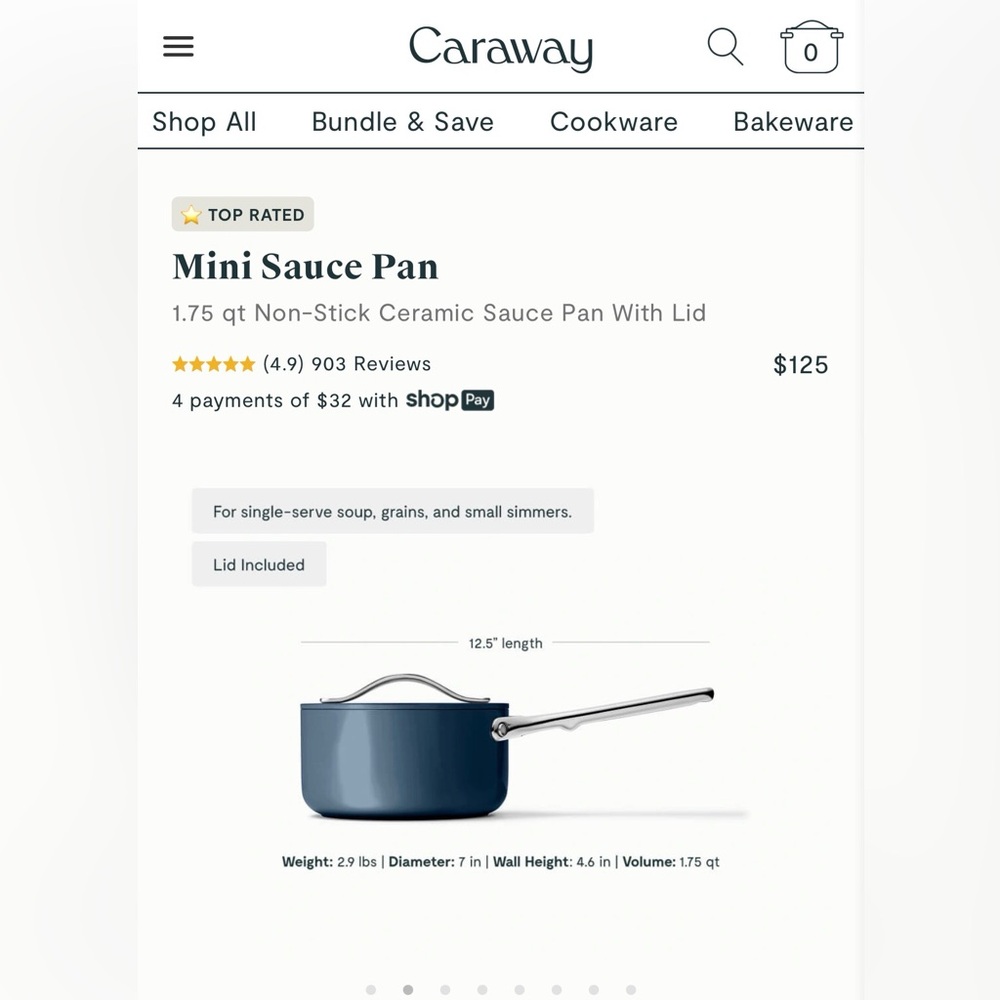 Caraway 1.75 Qt Mini Sauce Pan Blue Nonstick Ceramic with Lid